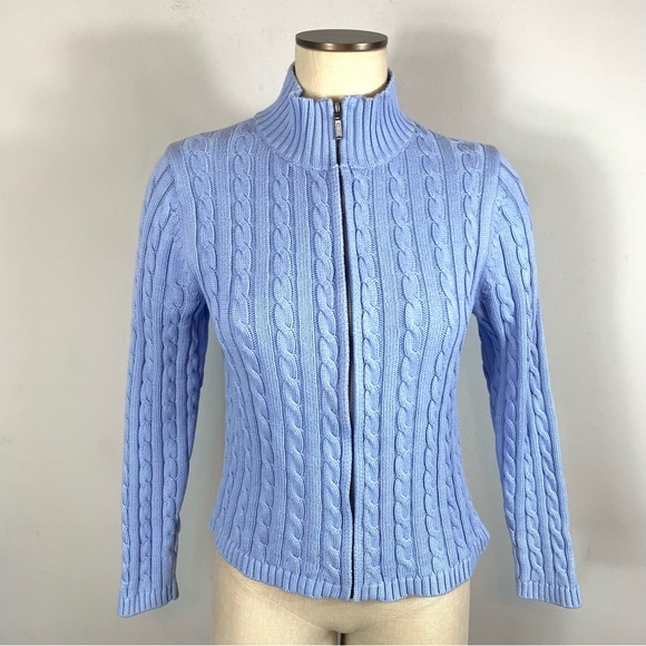 L.L. Bean Sweaters - LL Bean Blue Double L Mixed Cable Knit Zip Front Cotton Cardigan Size MP